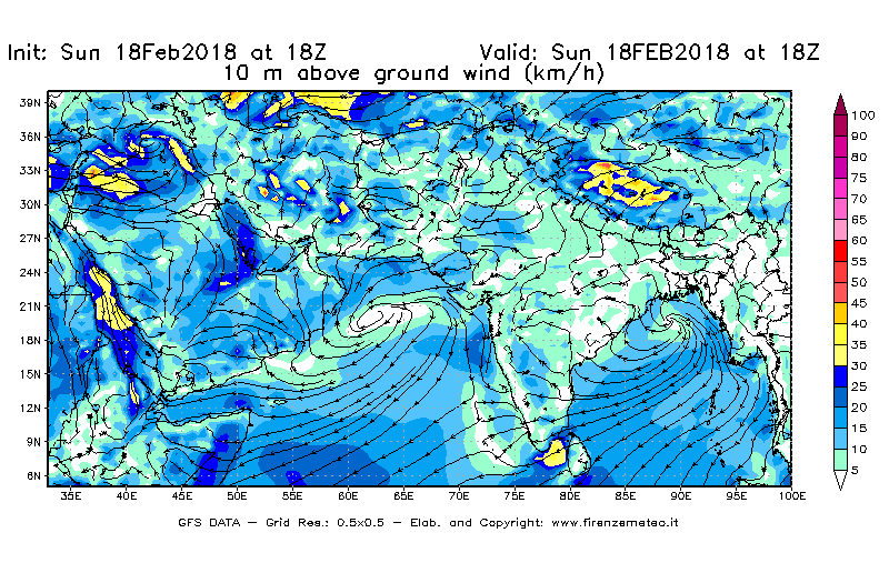 Mappa di analisi GFS - Velocità del vento a 10 metri dal suolo [km/h] in Asia Sud-Occidentale
									del 18/02/2018 18 <!--googleoff: index-->UTC<!--googleon: index-->