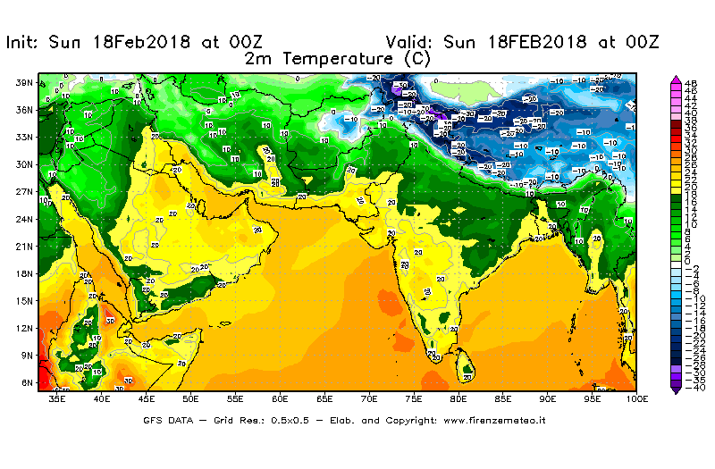 Mappa di analisi GFS - Temperatura a 2 metri dal suolo [°C] in Asia Sud-Occidentale
							del 18/02/2018 00 <!--googleoff: index-->UTC<!--googleon: index-->