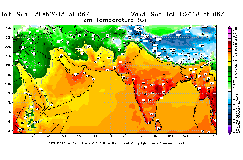 Mappa di analisi GFS - Temperatura a 2 metri dal suolo [°C] in Asia Sud-Occidentale
							del 18/02/2018 06 <!--googleoff: index-->UTC<!--googleon: index-->