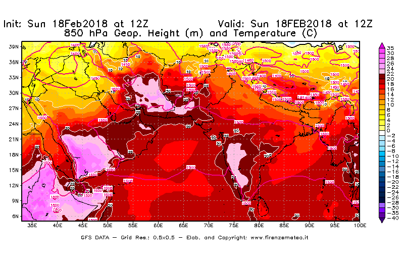Mappa di analisi GFS - Geopotenziale [m] e Temperatura [°C] a 850 hPa in Asia Sud-Occidentale
									del 18/02/2018 12 <!--googleoff: index-->UTC<!--googleon: index-->