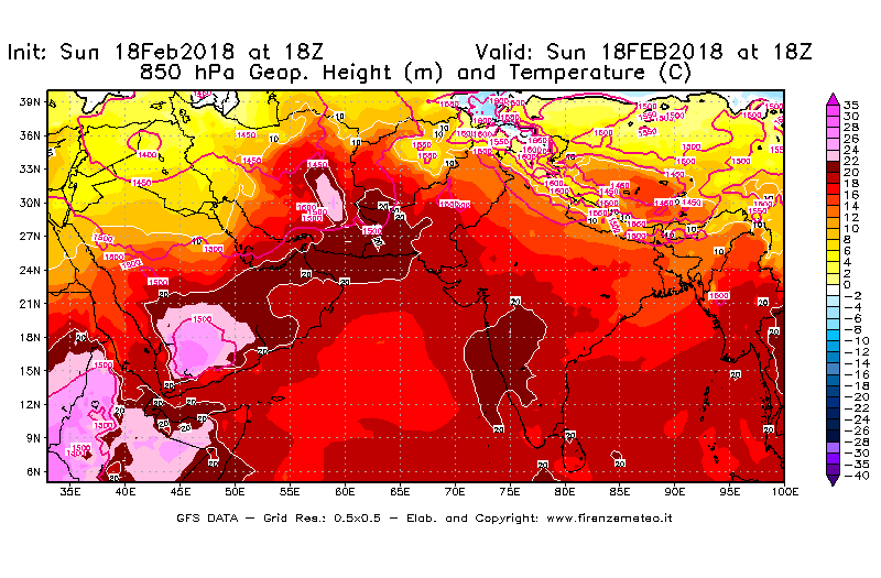 Mappa di analisi GFS - Geopotenziale [m] e Temperatura [°C] a 850 hPa in Asia Sud-Occidentale
									del 18/02/2018 18 <!--googleoff: index-->UTC<!--googleon: index-->