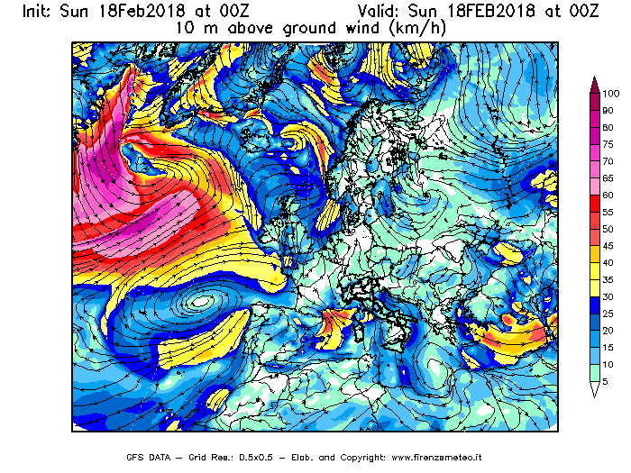 Mappa di analisi GFS - Velocità del vento a 10 metri dal suolo [km/h] in Europa
							del 18/02/2018 00 <!--googleoff: index-->UTC<!--googleon: index-->
