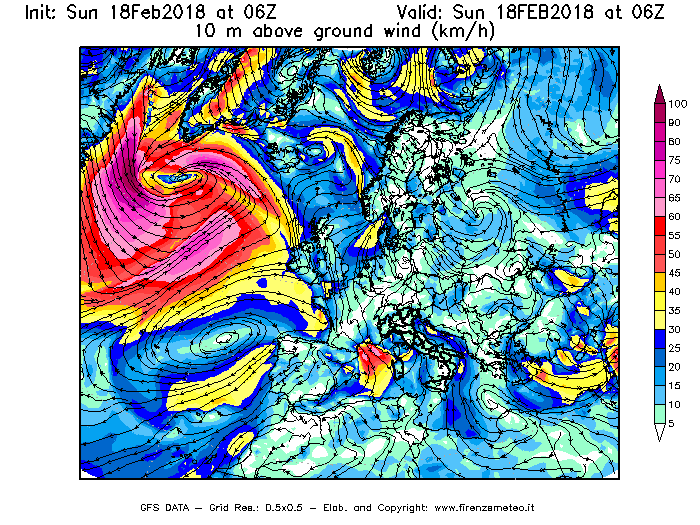 Mappa di analisi GFS - Velocità del vento a 10 metri dal suolo [km/h] in Europa
							del 18/02/2018 06 <!--googleoff: index-->UTC<!--googleon: index-->