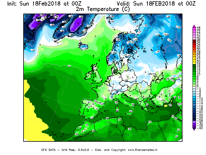 Mappa di analisi GFS - Temperatura a 2 metri dal suolo [°C] in Europa
									del 18/02/2018 00 <!--googleoff: index-->UTC<!--googleon: index-->