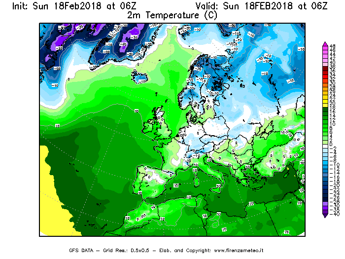 Mappa di analisi GFS - Temperatura a 2 metri dal suolo [°C] in Europa
									del 18/02/2018 06 <!--googleoff: index-->UTC<!--googleon: index-->