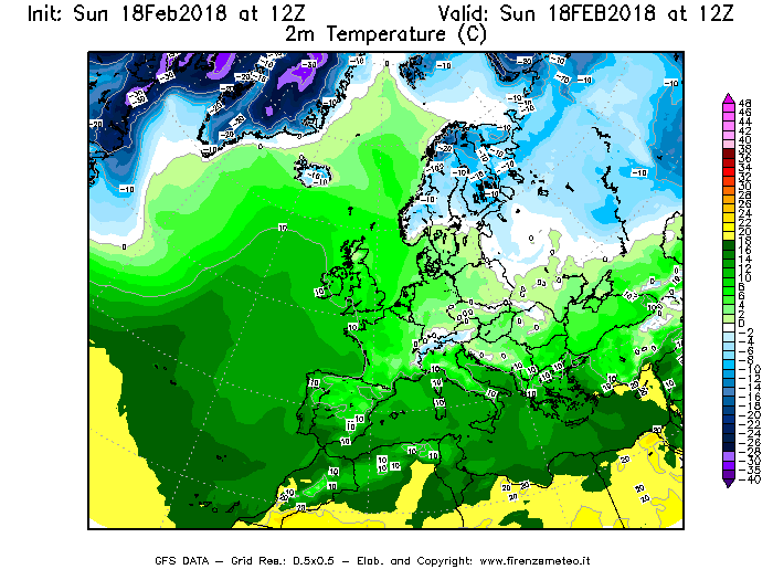 Mappa di analisi GFS - Temperatura a 2 metri dal suolo [°C] in Europa
									del 18/02/2018 12 <!--googleoff: index-->UTC<!--googleon: index-->