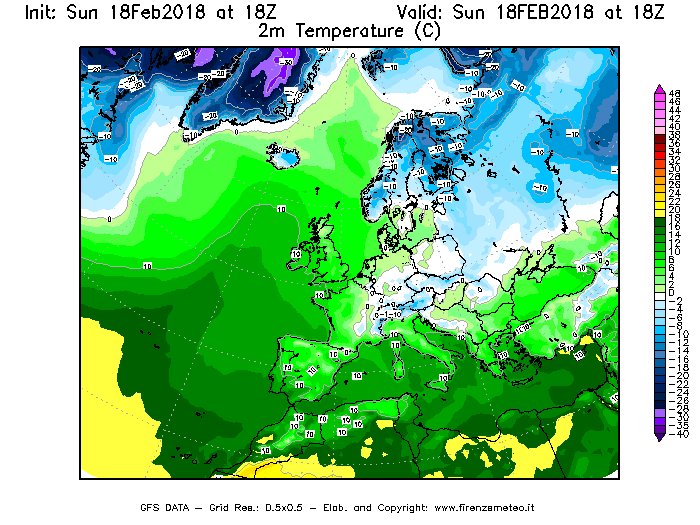 Mappa di analisi GFS - Temperatura a 2 metri dal suolo [°C] in Europa
									del 18/02/2018 18 <!--googleoff: index-->UTC<!--googleon: index-->