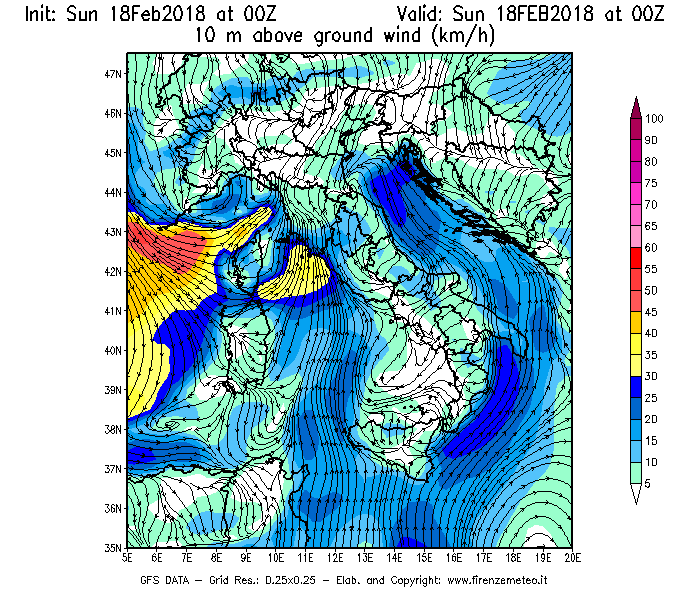 Mappa di analisi GFS - Velocità del vento a 10 metri dal suolo [km/h] in Italia
									del 18/02/2018 00 <!--googleoff: index-->UTC<!--googleon: index-->