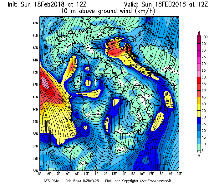 Mappa di analisi GFS - Velocità del vento a 10 metri dal suolo [km/h] in Italia
									del 18/02/2018 12 <!--googleoff: index-->UTC<!--googleon: index-->