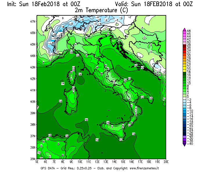 Mappa di analisi GFS - Temperatura a 2 metri dal suolo [°C] in Italia
									del 18/02/2018 00 <!--googleoff: index-->UTC<!--googleon: index-->