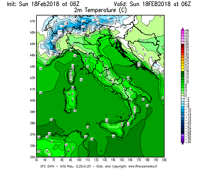 Mappa di analisi GFS - Temperatura a 2 metri dal suolo [°C] in Italia
									del 18/02/2018 06 <!--googleoff: index-->UTC<!--googleon: index-->