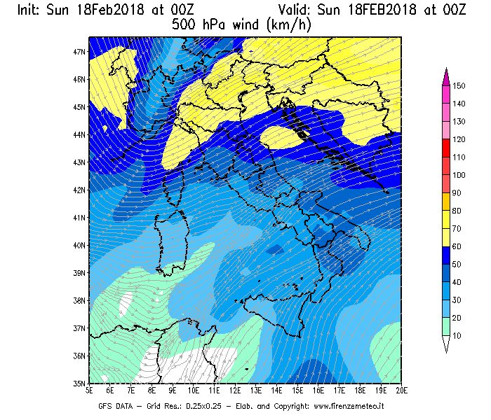 Mappa di analisi GFS - Velocità del vento a 500 hPa [km/h] in Italia
							del 18/02/2018 00 <!--googleoff: index-->UTC<!--googleon: index-->