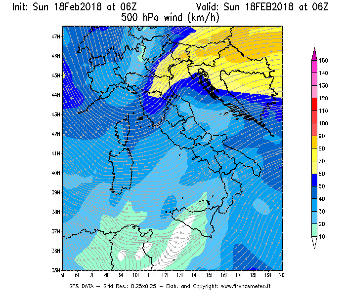 Mappa di analisi GFS - Velocità del vento a 500 hPa [km/h] in Italia
							del 18/02/2018 06 <!--googleoff: index-->UTC<!--googleon: index-->