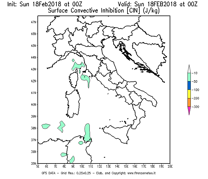 Mappa di analisi GFS - CIN [J/kg] in Italia
							del 18/02/2018 00 <!--googleoff: index-->UTC<!--googleon: index-->
