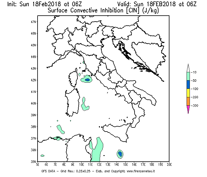 Mappa di analisi GFS - CIN [J/kg] in Italia
									del 18/02/2018 06 <!--googleoff: index-->UTC<!--googleon: index-->