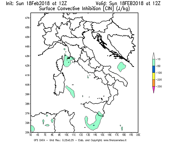 Mappa di analisi GFS - CIN [J/kg] in Italia
									del 18/02/2018 12 <!--googleoff: index-->UTC<!--googleon: index-->