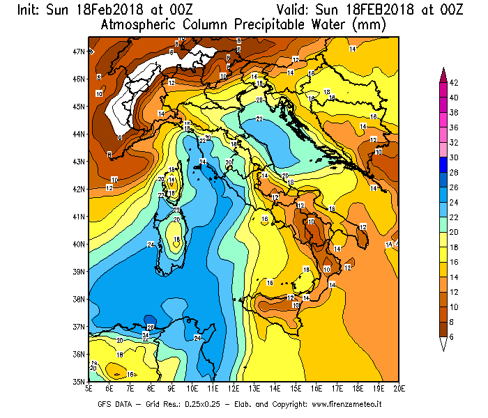Mappa di analisi GFS - Precipitable Water [mm] in Italia
							del 18/02/2018 00 <!--googleoff: index-->UTC<!--googleon: index-->