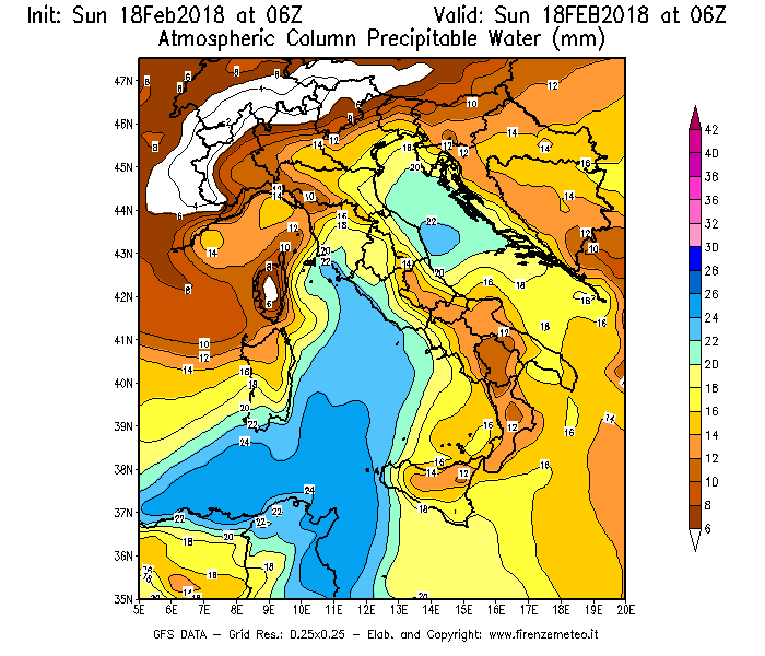 Mappa di analisi GFS - Precipitable Water [mm] in Italia
							del 18/02/2018 06 <!--googleoff: index-->UTC<!--googleon: index-->
