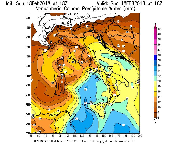 Mappa di analisi GFS - Precipitable Water [mm] in Italia
							del 18/02/2018 18 <!--googleoff: index-->UTC<!--googleon: index-->