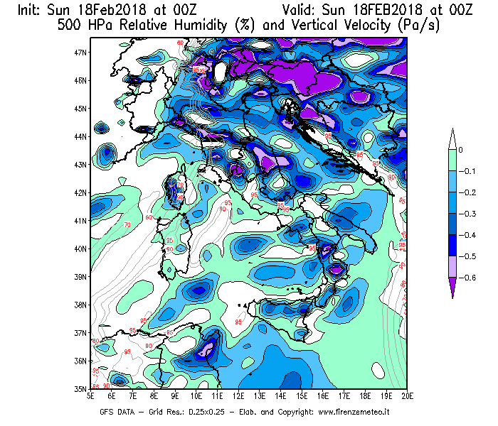 Mappa di analisi GFS - Umidità relativa [%] e Omega [Pa/s] a 500 hPa in Italia
							del 18/02/2018 00 <!--googleoff: index-->UTC<!--googleon: index-->