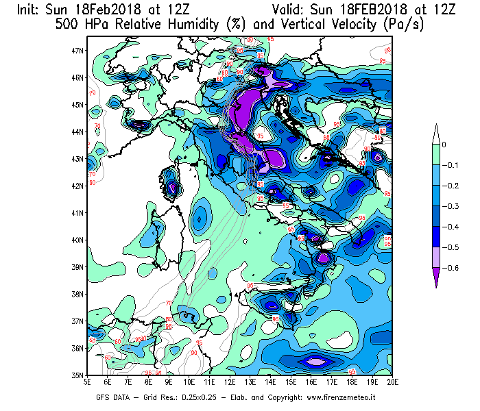 Mappa di analisi GFS - Umidità relativa [%] e Omega [Pa/s] a 500 hPa in Italia
							del 18/02/2018 12 <!--googleoff: index-->UTC<!--googleon: index-->