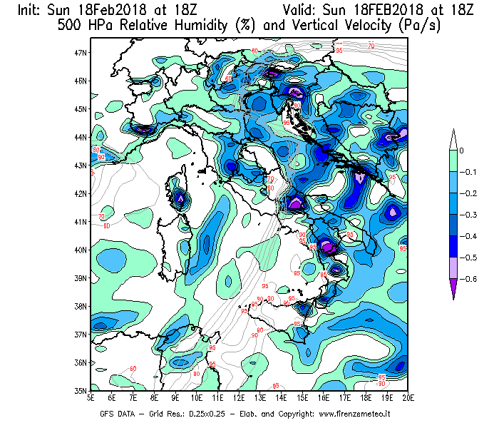 Mappa di analisi GFS - Umidità relativa [%] e Omega [Pa/s] a 500 hPa in Italia
							del 18/02/2018 18 <!--googleoff: index-->UTC<!--googleon: index-->