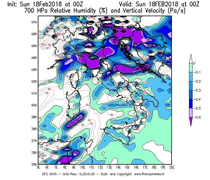 Mappa di analisi GFS - Umidità relativa [%] e Omega [Pa/s] a 700 hPa in Italia
							del 18/02/2018 00 <!--googleoff: index-->UTC<!--googleon: index-->
