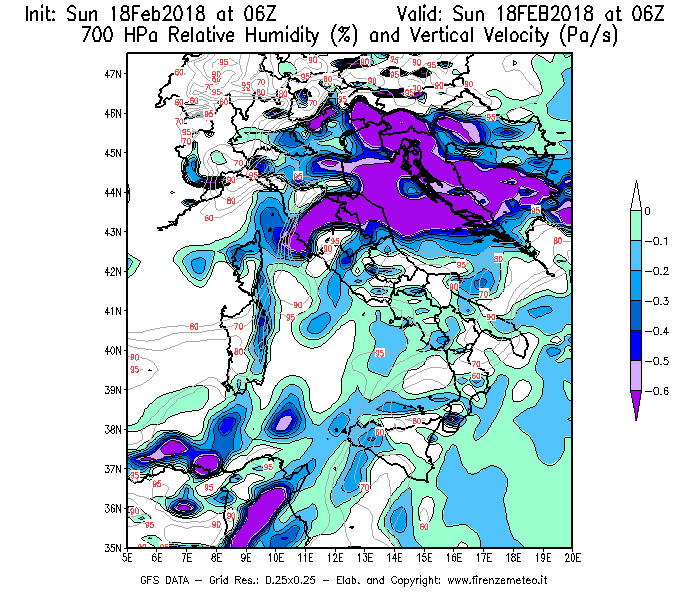 Mappa di analisi GFS - Umidità relativa [%] e Omega [Pa/s] a 700 hPa in Italia
									del 18/02/2018 06 <!--googleoff: index-->UTC<!--googleon: index-->