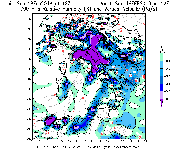 Mappa di analisi GFS - Umidità relativa [%] e Omega [Pa/s] a 700 hPa in Italia
							del 18/02/2018 12 <!--googleoff: index-->UTC<!--googleon: index-->