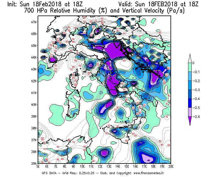 Mappa di analisi GFS - Umidità relativa [%] e Omega [Pa/s] a 700 hPa in Italia
							del 18/02/2018 18 <!--googleoff: index-->UTC<!--googleon: index-->