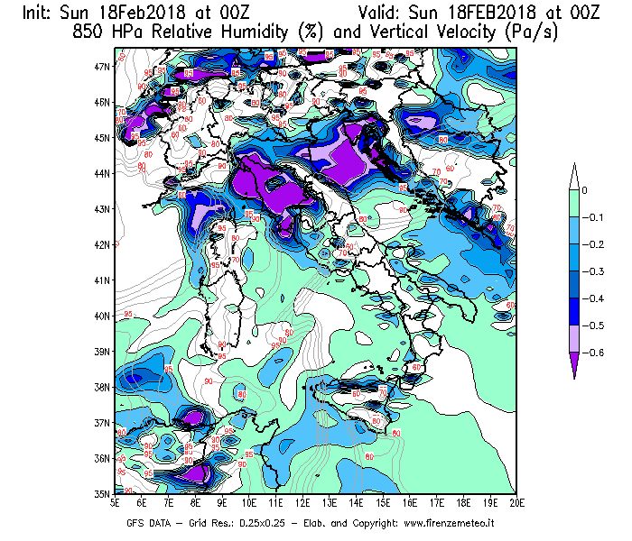 Mappa di analisi GFS - Umidità relativa [%] e Omega [Pa/s] a 850 hPa in Italia
									del 18/02/2018 00 <!--googleoff: index-->UTC<!--googleon: index-->