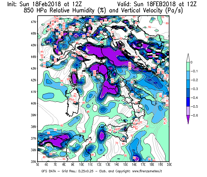 Mappa di analisi GFS - Umidità relativa [%] e Omega [Pa/s] a 850 hPa in Italia
									del 18/02/2018 12 <!--googleoff: index-->UTC<!--googleon: index-->