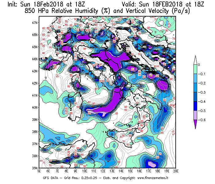 Mappa di analisi GFS - Umidità relativa [%] e Omega [Pa/s] a 850 hPa in Italia
									del 18/02/2018 18 <!--googleoff: index-->UTC<!--googleon: index-->