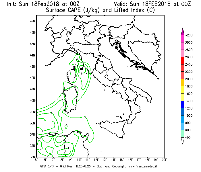 Mappa di analisi GFS - CAPE [J/kg] e Lifted Index [°C] in Italia
									del 18/02/2018 00 <!--googleoff: index-->UTC<!--googleon: index-->