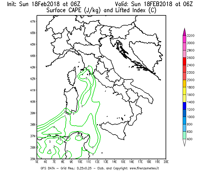 Mappa di analisi GFS - CAPE [J/kg] e Lifted Index [°C] in Italia
									del 18/02/2018 06 <!--googleoff: index-->UTC<!--googleon: index-->