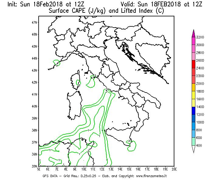 Mappa di analisi GFS - CAPE [J/kg] e Lifted Index [°C] in Italia
							del 18/02/2018 12 <!--googleoff: index-->UTC<!--googleon: index-->