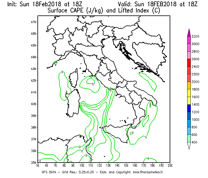 Mappa di analisi GFS - CAPE [J/kg] e Lifted Index [°C] in Italia
							del 18/02/2018 18 <!--googleoff: index-->UTC<!--googleon: index-->