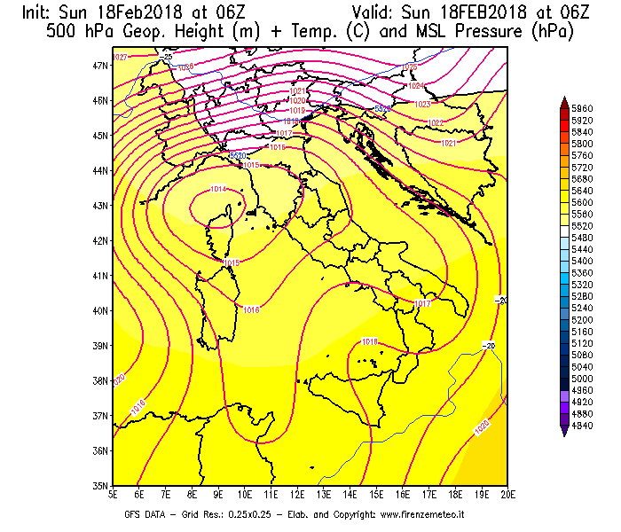 Mappa di analisi GFS - Geopotenziale [m] + Temp. [°C] a 500 hPa + Press. a livello del mare [hPa] in Italia
									del 18/02/2018 06 <!--googleoff: index-->UTC<!--googleon: index-->