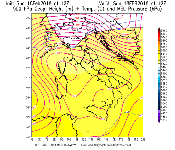 Mappa di analisi GFS - Geopotenziale [m] + Temp. [°C] a 500 hPa + Press. a livello del mare [hPa] in Italia
							del 18/02/2018 12 <!--googleoff: index-->UTC<!--googleon: index-->