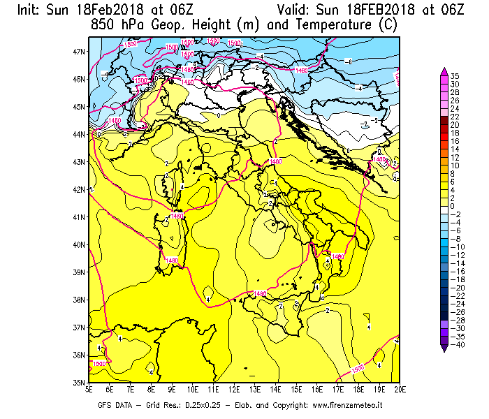Mappa di analisi GFS - Geopotenziale [m] e Temperatura [°C] a 850 hPa in Italia
							del 18/02/2018 06 <!--googleoff: index-->UTC<!--googleon: index-->