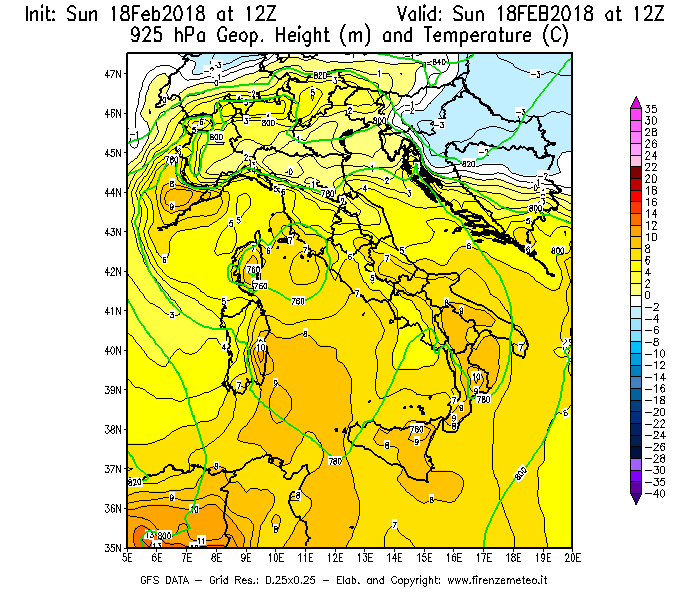 Mappa di analisi GFS - Geopotenziale [m] e Temperatura [°C] a 925 hPa in Italia
							del 18/02/2018 12 <!--googleoff: index-->UTC<!--googleon: index-->