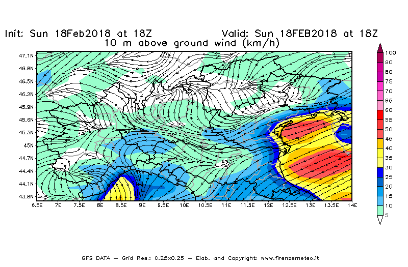 Mappa di analisi GFS - Velocità del vento a 10 metri dal suolo [km/h] in Nord-Italia
							del 18/02/2018 18 <!--googleoff: index-->UTC<!--googleon: index-->