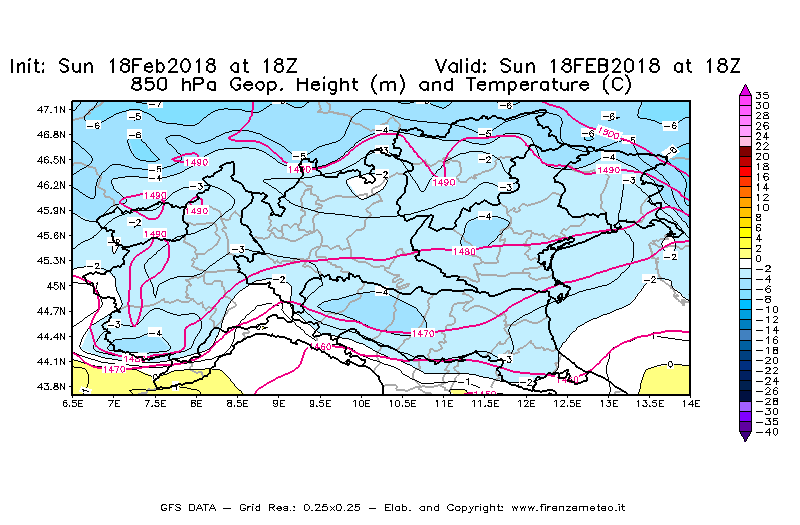 Mappa di analisi GFS - Geopotenziale [m] e Temperatura [°C] a 850 hPa in Nord-Italia
									del 18/02/2018 18 <!--googleoff: index-->UTC<!--googleon: index-->