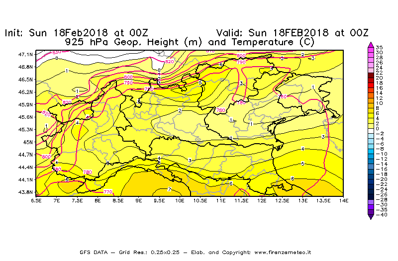 Mappa di analisi GFS - Geopotenziale [m] e Temperatura [°C] a 925 hPa in Nord-Italia
							del 18/02/2018 00 <!--googleoff: index-->UTC<!--googleon: index-->
