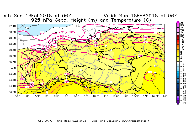 Mappa di analisi GFS - Geopotenziale [m] e Temperatura [°C] a 925 hPa in Nord-Italia
									del 18/02/2018 06 <!--googleoff: index-->UTC<!--googleon: index-->