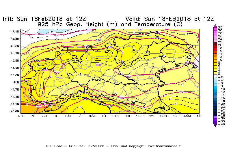 Mappa di analisi GFS - Geopotenziale [m] e Temperatura [°C] a 925 hPa in Nord-Italia
									del 18/02/2018 12 <!--googleoff: index-->UTC<!--googleon: index-->