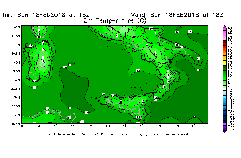 Mappa di analisi GFS - Temperatura a 2 metri dal suolo [°C] in Sud-Italia
									del 18/02/2018 18 <!--googleoff: index-->UTC<!--googleon: index-->