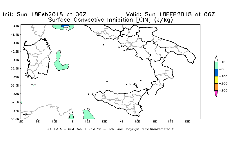 Mappa di analisi GFS - CIN [J/kg] in Sud-Italia
							del 18/02/2018 06 <!--googleoff: index-->UTC<!--googleon: index-->