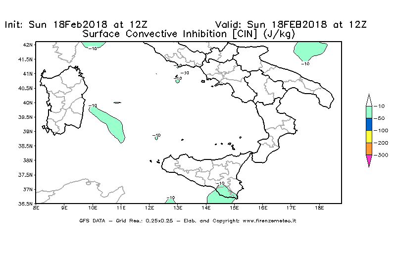 Mappa di analisi GFS - CIN [J/kg] in Sud-Italia
									del 18/02/2018 12 <!--googleoff: index-->UTC<!--googleon: index-->