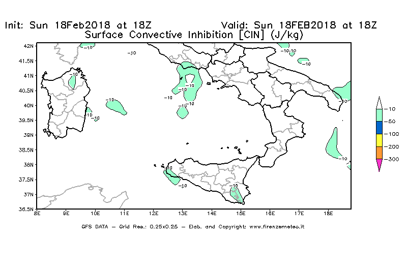 Mappa di analisi GFS - CIN [J/kg] in Sud-Italia
							del 18/02/2018 18 <!--googleoff: index-->UTC<!--googleon: index-->